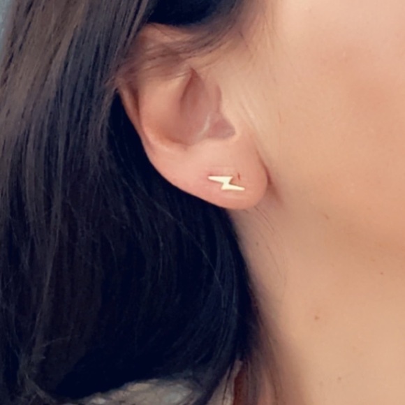 14k Gold Studs Thunderbolt Earrings 11mm - Picture 5 of 9